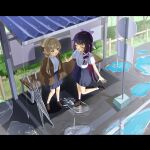  2girls alternate_costume bench black_bow black_hair blue_eyes blue_skirt blush bow brown_hair brown_jacket brown_shoes bus_stop closed_eyes closed_umbrella collared_shirt columbina_(genshin_impact) commentary_request contemporary genshin_impact hair_bow hair_ribbon hands_in_pockets highres jacket letterboxed loafers long_hair long_sleeves morocha1130 multicolored_hair multiple_girls open_clothes open_jacket open_mouth outdoors pleated_skirt puddle purple_hair ribbon road_sign sandrone_(genshin_impact) shirt shoes short_sleeves sign signature skirt socks standing transparent transparent_umbrella umbrella very_long_hair water white_bow white_shirt white_socks 