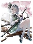 1girl black_bow black_bowtie black_hairband bloomers blue_eyes bow bowtie collared_shirt commentary flower green_shoes green_skirt green_vest grey_hair hairband highres hitodama hitodama_print katana konpaku_youmu konpaku_youmu_(ghost) long_sleeves looking_at_viewer mary_janes multiple_swords pink_flower sheath sheathed shirt shoes short_hair sitting skirt skirt_set socks solo sword sword_on_back touhou unsheathing vest weapon weapon_on_back white_bloomers white_shirt white_socks yupopopopon 