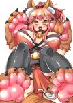 animal_humanoid asian_clothing bell bell_collar berserker_tamamo_cat big_breasts black_clothing black_legwear black_thigh_highs blush breasts brown_body brown_fur canid canid_humanoid canine canine_humanoid caster_tamamo-no-mae chaora claws clothed clothing collar cute_fangs digital_media_(artwork) east_asian_clothing fate_(series) female fox fox_humanoid fur hair hi_res huge_breasts humanoid inner_ear_fluff japanese_clothing kimono legwear light_body light_skin mammal mammal_humanoid open_mouth pawpads pink_hair red_bow red_clothing red_kimono sharp_claws simple_background solo thigh_highs tongue tuft white_background yellow_eyes 