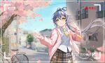  1girl absurdres bicycle brown_skirt cherry_blossoms commentary_request feixianji_(hairstyle) flower green_eyes grey_hair hair_rings highres holding holding_flower hood hoodie long_hair looking_up luo_tianyi necktie pink_hoodie shirt short_hair_with_long_locks skirt solo spring_(season) sunlight viewfinder vocaloid vsinger_(vocaloid) white_shirt yellow_necktie yu_yi_connect 