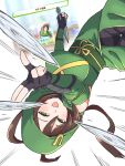  1girl black_gloves breasts brown_hair dart echieichi fingerless_gloves gloves green_eyes green_kimono hayakawa_tazuna highres holding holding_kunai holding_shuriken holding_weapon japanese_clothes kimono kunai large_breasts looking_at_viewer ninja open_mouth shuriken solo throwing umamusume weapon 