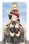  bandeau blonde_hair breasts covered_nipples gloves highres horn jewelry kirin_(armor) medium_breasts monster_hunter navel nipples no_panties pussy pussy_juice rasukaru red_eyes rock solo strapless thighhighs tubetop underboob 