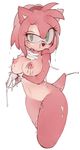  1girl after_sex aftersex amy_rose animal_ears blush breasts cum cum_on_body cum_on_breasts cum_on_hands cum_on_upper_body erect_nipples facial female furry gloves green_eyes large_breasts nipples nude sex simple_background sindoll solo sonic_the_hedgehog 