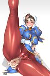  anus arikawa ass ass_juice blush brown_eyes brown_hair capcom censored chun-li double_bun double_buns erect_nipples highres juice open_mouth pantyhose pussy spread_anus spread_legs street_fighter torn_clothes torn_pantyhose 