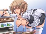  bb breast_pump breasts brown_hair censored errors lactation large_breasts maid milk milking_machine original panties pussy short_hair smile thighhighs underwear waitress wink 