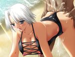  1girl ass ass_grab beach blush breasts christie christie_(doa) clothed_female_nude_male cum cum_in_pussy cumdrip dark-skinned_male dead_or_alive doggystyle grey_eyes interracial nipples ocean outdoors sand sex silver_hair swimsuit tecmo vaginal water 