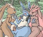  anthro anthro_on_anthro anthrofied blindfold blue_body blue_fur bodily_fluids breast_fondling breast_play breasts brown_body brown_fur canid canine detailed_background digital_media_(artwork) erection female fondling forest fur generation_4_pokemon genitals group group_sex hand_on_breast handjob lagomorph licking long_ears lopunny low_res lucario male male/female mammal mikaduki_karasu nature nintendo nude oekaki outdoor_nudity outside penile penis plant pokemon pokemon_(species) pokemorph red_eyes sex shiny_pokemon sweat threesome tongue tongue_out tree trio wood 