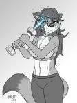  2019 anthro bra breasts camp_pines canid canine cassia_(seff) chest_tuft cleavage clothed clothing collar dipstick_tail ear_piercing exercise female fox fur hair heresy_(artist) long_hair makeup mammal midriff monochrome multicolored_fur multicolored_tail navel piercing selective-coloring shake_weight sketch sports_bra suggestive tuft two_tone_fur underwear water weights wet white_fur yoga_pants 