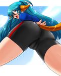 animal_ears aqua_eyes aqua_hair ass bad_id bad_pixiv_id bike_shorts blue_eyes blue_hair blush cameltoe close-up copyright_request fang fat_mons from_below highres long_hair open_mouth ponytail shorts solo tail za_(artist) 