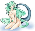  animal_ears bad_id bad_pixiv_id blue_eyes breasts costume gen_1_pokemon green_hair hair_over_one_eye konshin long_hair monster_girl nipples nude personification pokemon scales simple_background sitting small_breasts small_nipples solo tail vaporeon very_long_hair water white_background 