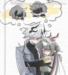  2boys 2girls ardashir_(arknights) arknights arknights:_endfield completionistg crying endministrator_(arknights) female_endministrator_(arknights) green_hair highres horns hug male_endministrator_(arknights) multiple_boys multiple_girls pointy_ears ponytail sad short_hair speech_bubble suit thought_bubble white_hair zhuang_fangyi_(arknights) 