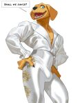 2026 absurd_res anthro beagle blue_eyes bulge canid canine canis clothed clothed_anthro clothed_male clothing cxcxxcxxxx dancer_outfit dialogue domestic_dog english_text floppy_ears fur hi_res hunting_dog leggings legwear looking_at_viewer male mammal scent_hound solo speech_bubble standing tan_body tan_fur text white_clothing white_leggings white_legwear