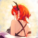  1girl arknights arknights:_endfield back bare_shoulders black_dress black_horns closed_mouth commentary_request demon_girl demon_horns dress from_behind hair_between_eyes hair_intakes highres horns index_finger_raised laevatain_(arknights) laevatein_(la3vatein) long_hair looking_at_viewer looking_back purple_eyes red_hair shoulder_blades simple_background solo surtr_(arknights) very_long_hair 