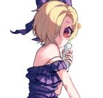 1girl bare_shoulders blonde_hair commentary dress expressionless flower hair_over_one_eye idolmaster idolmaster_cinderella_girls looking_at_viewer purple_dress red_eyes shine_asahi shirasaka_koume short_hair simple_background solo untranslatable_commentary upper_body white_background 