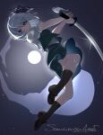  1girl black_hairband black_socks blue_eyes commentary_request full_body full_moon glint green_skirt green_vest grey_hair hairband highres hitodama hitodama_print holding holding_sword holding_weapon katana kneehighs konpaku_youmu konpaku_youmu_(ghost) looking_at_viewer moon night puffy_short_sleeves puffy_sleeves samon_(vxxr8575) shirt short_sleeves skirt skirt_set socks solo sword touhou vest weapon white_shirt 