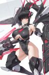  1girl absurdres alternate_costume black_hair black_leotard blue_archive blunt_bangs breasts cleavage commentary_request halo headgear highres holding holding_weapon huge_breasts leotard long_hair looking_at_viewer mecha_musume mechanical_wings nankam76 red_eyes rio_(blue_archive) shield simple_background skin_tight solo thrusters variant_set weapon white_background wings 