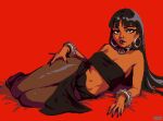  1girl artist_name bandeau bare_shoulders black_bandeau black_collar black_eyeliner black_hair black_nails blunt_bangs bracelet breasts brown_eyes brown_pantyhose chel_(el_dorado) closed_mouth collar commentary dark-skinned_female dark_skin earrings eyeliner feet fingernails full_body goth_fashion hoop_earrings jewelry lips long_fingernails long_hair looking_at_viewer lying makeup medium_breasts navel on_bed on_side pantyhose pelvic_curtain pixel_art red_background simple_background smile solo the_road_to_el_dorado thick_thighs thighs thisislux toes 