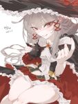  1girl bboku_nyang black_hat cat_(nyanko_daisensou) commentary_request dated grey_hair hat highres korean_commentary legs long_hair looking_at_viewer nyanko_daisensou red_eyes sidelocks sidmi_(nyanko_daisensou) signature simple_background sitting solo star_(symbol) teeth white_background 