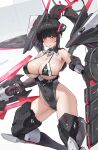  1girl absurdres alternate_costume bikini bikini_top_only black_hair black_leotard blue_archive blunt_bangs breasts cleavage commentary_request halo headgear highres huge_breasts leotard long_hair looking_at_viewer mecha_musume mechanical_wings nankam76 red_eyes rio_(blue_archive) shield sideboob simple_background skin_tight solo string_bikini swimsuit thrusters underboob weapon white_background wings 