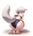  1girl alternate_costume animal_ears bikini black_bikini breasts commentary_request dirty dirty_feet fox_ears fox_tail from_behind grey_eyes grey_fur grey_hair happy_(hero_party_comic) hero_party_comic highres looking_at_viewer looking_back medium_breasts medium_hair ry4k0lv100 sand shoulder_blades solo squatting swimsuit tail wet white_background 