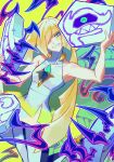  1girl absurdres andrich_galam bare_shoulders black_leggings blonde_hair blush breasts claws collarbone commentary dress english_commentary gem green_eyes green_gem hair_over_one_eye highres leggings long_hair looking_at_viewer lusamine_(pokemon) mature_female multicolored_leggings open_mouth pokemon pokemon_(creature) pokemon_sun_and_moon runerigus sleeveless sleeveless_dress smile two-tone_leggings two-tone_legwear very_long_hair white_dress white_leggings 
