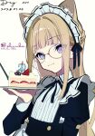  1girl absurdres animal_ear_fluff animal_ears artist_name black_ribbon brown_hair buttons cake cake_slice cat_ears character_name dated dress extra_ears food frills glasses hair_intakes highres holding holding_cake holding_food kabu_xblezzz long_hair long_sleeves maid maid_headdress multicolored_eyes neck_ribbon original ribbon sidelocks signature simple_background smile solo spork white_background yellow-framed_eyewear 