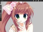  1girl 2000s_(style) ahoge art_program_in_frame bow brown_hair doki_doki_literature_club faux_retro_artstyle flower food green_eyes grey_background gyaru hair_bow hair_flower hair_ornament hand_up highres hime_gyaru holding holding_food jelly_(bonnybel) jewelry lace-trimmed_bow lace_trim licking_lips long_hair looking_at_viewer monika_(doki_doki_literature_club) necklace pastry pearl_necklace pink_bow pink_flower pink_rose portrait procreate_(medium) procreate_(software) rose side_ponytail sidelocks simple_background solo tongue tongue_out unfinished very_long_hair 