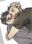  2boys ;) akaashi_keiji arms_around_neck black-framed_eyewear black_hair black_shirt bokuto_koutarou commentary_request glasses grey_hair haikyuu!! highres macarox_d male_focus multiple_boys one_eye_closed open_mouth parted_hair shirt short_hair short_sleeves smile teeth upper_teeth_only white_background 