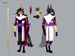absurd_res accessory andromorph_(lore) anthro black_body black_fur bottomwear brown_body brown_fur canid canine canis clothed clothing color_swatch digital_media_(artwork) front_view fur gem hair headband hi_res intersex_(lore) jackal long_hair lucas_(topazknight) male mammal melee_weapon model_sheet multicolored_body multicolored_fur multiple_images polearm purple_eyes rear_view robe simple_background solo spear staff standing tail tan_body tan_fur topazknight topwear tuft uniform weapon