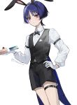 1boy alternate_costume animal_ear_hairband animal_ears arm_at_side arm_belt belt belt_buckle black_belt black_bow black_bowtie black_hairband black_shorts black_vest blunt_ends bow bowtie breast_pocket bright_pupils buckle cake choppy_bangs closed_mouth coattails collared_shirt commentary_request cowboy_shot cup dutch_angle eyeliner fake_animal_ears food formal_clothes genshin_impact gloves hairband hand_on_own_hip hand_up highres holding holding_tray light_blush light_frown long_sleeves looking_at_viewer makeup male_focus pocket purple_eyes purple_hair rabbit_ears red_eyeliner scaramouche_(genshin_impact) shirt shorts snow20200 solo strawberry_shortcake tailcoat teacup thigh_belt thigh_strap tray tsurime twitter_username undershirt vest white_background white_gloves white_pupils white_shirt white_sleeves wing_collar 