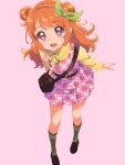  1girl :d absurdres aikatsu! aikatsu!_(series) bag black_bag black_shoes bow double_bun dress full_body green_bow green_socks hair_bow hair_bun highres loafers long_hair long_sleeves looking_at_viewer open_mouth orange_hair ozora_akari pink_background pink_dress pink_eyes pukoresu shirt shoes simple_background smile socks solo standing yellow_shirt 