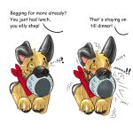 1:1 absurd_res animal_costume anthro barking bdsm begging begging_pose black_nose blue_eyes blush bodily_fluids bowl breath canid canine container dialogue digital_media_(artwork) dog_costume drooling dune_(fox0808) embarrassed english_text fox gag gagged hi_res how2101 kerchief latex latex_costume mammal neckerchief neckwear offscreen_character panting pet_bowl pose red_kerchief red_neckerchief saliva sequence simple_background solo text unusual_gag white_background