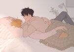  2boys a_co_pi ash_lynx banana_fish bed black_hair black_pants blanket blonde_hair book brown_eyes closed_eyes closed_mouth commentary_request from_side green_blanket grey_sweater hand_on_another's_back hand_on_own_face lamp long_sleeves lying male_focus multiple_boys okumura_eiji on_back pants parted_bangs picture_frame pillow plant profile shirt sweater under_covers white_shirt yaoi 
