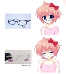  1girl 2000s_(style) :3 :d =_= adjusting_eyewear ahoge bespectacled blue_eyes blush blush_stickers bow breasts commentary cropped_shoulders doki_doki_literature_club english_commentary faux_retro_artstyle frown glasses hair_bow hand_up happy highres huge_ahoge jelly_(bonnybel) multiple_views photo_inset pink_hair pink_shirt procreate_(medium) red_bow reference_inset sad sayori_(doki_doki_literature_club) shirt short_hair simple_background small_breasts smile white_background 