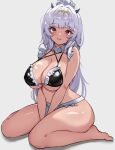  1girl alternate_breast_size_(larger) arms_between_legs ass bikini black_bikini breasts cleavage demon_girl demon_horns frilled_bikini frills highres horns indie_virtual_youtuber large_breasts legs_apart long_hair looking_at_viewer lucy_pyre maid_headdress red_eyes sitting solo swimsuit thick_thighs thighs virtual_youtuber white_background white_hair zeropen 