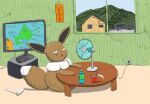 2020 ambiguous_gender black_eyes bodily_fluids bottle brown_body brown_fur brown_tail building canid canine container dipstick_tail eevee electronics feral fur furniture geboku generation_1_pokemon hi_res inside japanese_text mammal markings mountain multicolored_tail neck_tuft nintendo open_mouth pokemon pokemon_(species) raichu sitting solo sweat table tail tail_markings television text tongue tuft white_body window