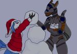 4_ears absurd_res anthro avali avian biped blue_body blue_feathers claws clothed clothing digital_media_(artwork) duo feathered_wings feathers grey_body hi_res kreeper_art laugh machine male male/male mohawk multi_ear rogue_emberwing simple_background snow snowman synth_(vader-san) tail tail_feathers white_body white_feathers winged_arms wings winter winter_clothing xeno_emberwing