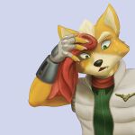 1:1 2026 absurd_res anthro bodily_fluids canid canine clothing eyebrows fangs fingerless_gloves fox fox_mccloud fur gloves green_eyes handwear hi_res kerchief kjoge1 male mammal neckerchief neckwear nintendo solo star_fox sweat tan_body tan_fur teeth topwear towel vest