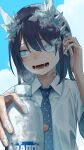 1girl absurdres aoki_ruri blue_eyes blue_hair blue_necktie blue_sky blush bottle breath cloud cloudy_sky collared_shirt colored_eyelashes commentary_request dragon_girl earrings embarrassed fangs hair_between_eyes hand_up highres holding holding_bottle horns ice ice_horns jewelry looking_to_the_side medium_hair mismatched_eyelashes necktie open_mouth polka_dot_necktie ruridragon school_uniform shirt short_sleeves sidelocks single_earring sky solo star-shaped_pupils star_(symbol) symbol-shaped_pupils umigame_2000 upper_body water_bottle white_shirt 