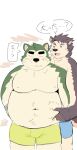  anthro belly blush brown_body brown_fur bulge canid canine canis clothing dog_operator domestic_dog duo eyebrows fur green_body green_fur hi_res lifewonders live-a-hero male male/male mammal mokdai overweight pinching_belly protagonist_(live-a-hero) raio_owo thick_eyebrows underwear video_games 