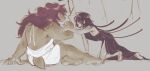  1girl 1other androgynous bare_legs bare_shoulders black_dress commentary curly_hair deltarune dress english_commentary furry furry_female hair_between_eyes highres kris_(deltarune) long_hair looking_at_another multiple_scars reaching reaching_towards_another scales scar scar_on_arm short_hair simple_background susie_(deltarune) tail thelostmoongazer utdr_(toby_fox) white_dress 