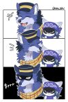 angry anthro canid canine canis clothed clothing comic digital_media_(artwork) domestic_cat duo felid feline felis fur laugh male mammal meme simple_background text tongue unknown_artist wolf yellow_eyes