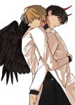  2boys black_hair black_shirt black_wings blonde_hair character_request check_character coat demon_horns feathered_wings hand_on_another's_back head_on_another's_shoulder head_tilt highres horns hug kim_dokja lee_hakhyun male_focus multiple_boys official_alternate_costume omniscient_reader's_viewpoint open_clothes open_coat shirt short_hair theion17 white_coat wings 