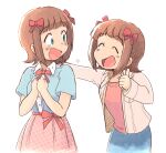  2girls :d ^_^ amami_haruka blue_shirt blue_skirt bow brown_hair checkered_clothes checkered_skirt closed_eyes collared_jacket dual_persona green_eyes hair_bow hand_on_another's_back idolmaster idolmaster_(classic) idolmaster_1 idolmaster_million_live! idolmaster_million_live!_theater_days jacket long_sleeves looking_at_another multiple_girls multiple_hair_bows open_clothes open_jacket open_mouth pink_skirt red_bow shirt short_hair short_sleeves simple_background skirt smile standing thumbs_up time_paradox tsubobot white_background white_jacket 