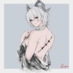  1girl artist_name back black_dress black_horns blue_background breasts clenched_teeth curled_horns dress earrings grey_hair hair_between_eyes highres horns jewelry key_earrings large_breasts long_hair looking_at_viewer looking_back red_eyes scar scar_on_arm scar_on_back scar_on_breasts scarletlupa simple_background smile solo tacet_mark_(wuthering_waves) teeth two-tone_background unworn_clothes white_background wuthering_waves zani_(wuthering_waves) 