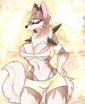  absurd_res anthro bottomwear bra breasts canid canine cassielink cheek_tuft claws clothed clothing digital_drawing_(artwork) digital_media_(artwork) digital_painting_(artwork) eyes_closed eyeshadow facial_tuft female fluffy fluffy_chest fluffy_ears fluffy_tail fox hand_on_breast hand_on_hip hi_res lycanroc makeup mammal navel neck_tuft nintendo painting painting_(artwork) pinup pok&eacute;mon pok&eacute;mon_(species) pose shorts sketch skimpy solo sparkles spikes spikes_(anatomy) thick_thighs thong_straps topwear traditional_media_(artwork) tuft tufted_fur underwear video_games 