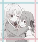  2girls ;) ;d abiko_hiromi ahoge aqua_border assault_lily blush border center_frills closed_mouth commentary_request detached_sleeves flower frilled_shirt frilled_sleeves frills greyscale hair_flower hair_ornament hair_ribbon hand_on_another's_back hand_on_another's_shoulder heads_together hug inoguchi_minto inset_border kanba_girls_high_school_uniform long_sleeves looking_at_another looking_up monochrome multiple_girls mutual_hug one_eye_closed open_clothes open_shirt parted_bangs pink_border ribbon sailor_collar school_uniform serafuku shibukawa_chie shirt smile spot_color transparent_border upper_body x_hair_ornament yuri 