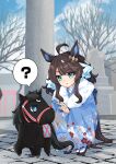  1girl absurdres ahoge alternate_costume animal_ears blue_eyes blue_kimono brown_hair commentary_request contrail_(racehorse) daring_tact_(racing)_(umamusume) daring_tact_(umamusume) floral_print geta hair_between_eyes hair_ornament highres horse horse_ears horse_girl horse_tail japanese_clothes kimono muchi3333 original outdoors print_kimono star_(symbol) star_hair_ornament tail umamusume 