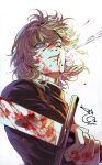  badeni bae_(baebae) black_shirt blonde_hair blood blood_on_face blood_on_hands blood_on_weapon blue_eyes chi.:_chikyuu_no_undou_ni_tsuite collared_shirt commentary_request floating_hair highres holding holding_sword holding_weapon injury korean_commentary long_sleeves shirt sword weapon wide-eyed 