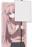  1girl artist_name bocchi_the_rock! clenched_hands closed_mouth cowboy_shot cube_hair_ornament expressionless gotoh_hitori hair_between_eyes hair_ornament holding holding_sign jacket kabu_xblezzz long_hair pink_hair pink_jacket pink_track_suit pleated_skirt side_ahoge sign signature simple_background skirt template track_suit 